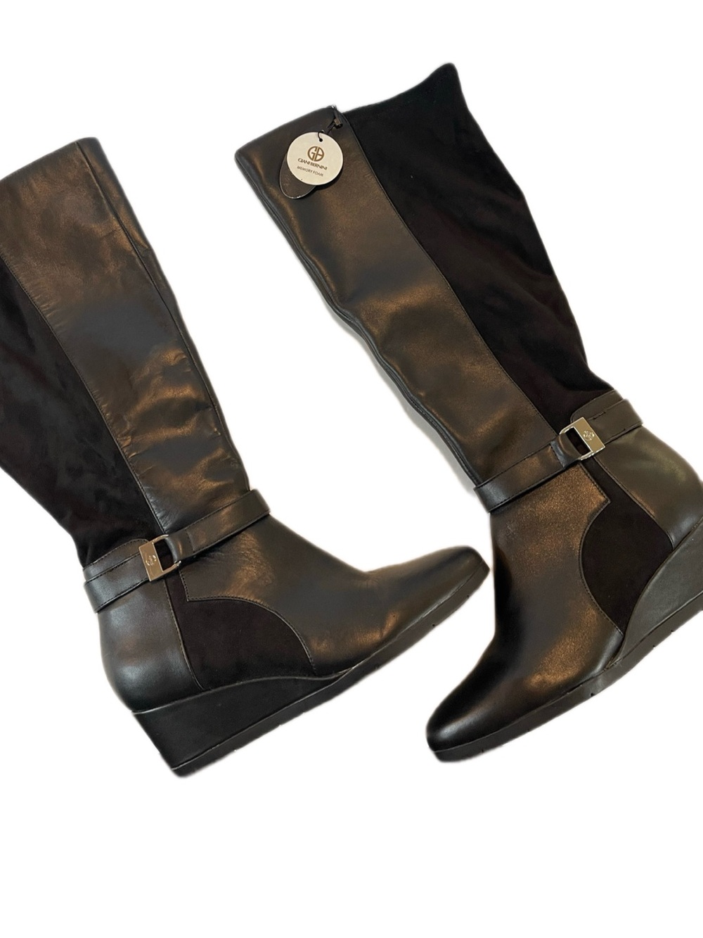 Giani Bernini Boots Wedge Cathrin Zip Buckle Size 7 Black Leather Wide Calf New